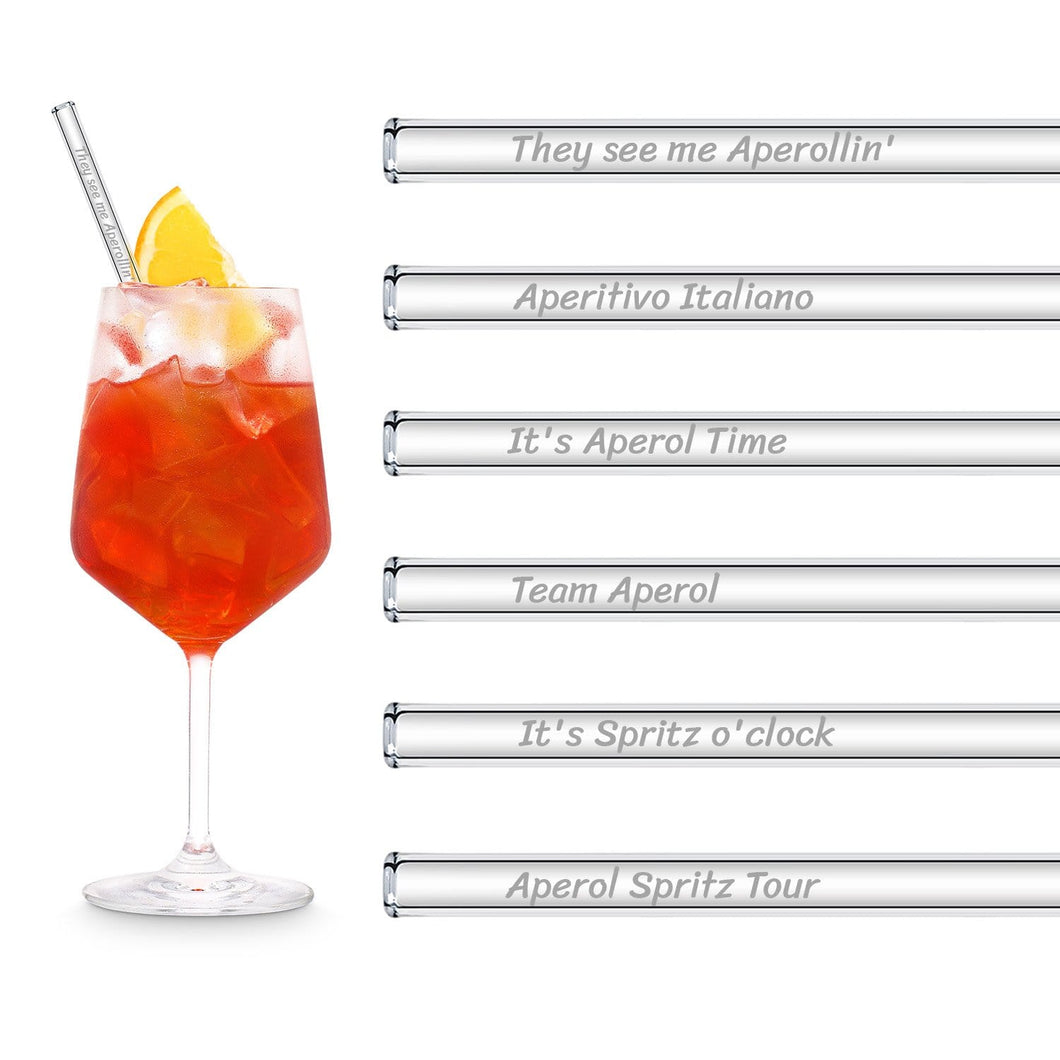 Aperol Glass Straws 8 inch Engraved with Funny Aperol Spritz Quotes - Set of 6