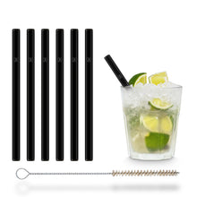 Load image into Gallery viewer, Black Glass Straws 6x 6 Inch with plastic free brush Reusable & Dishwasher Safe