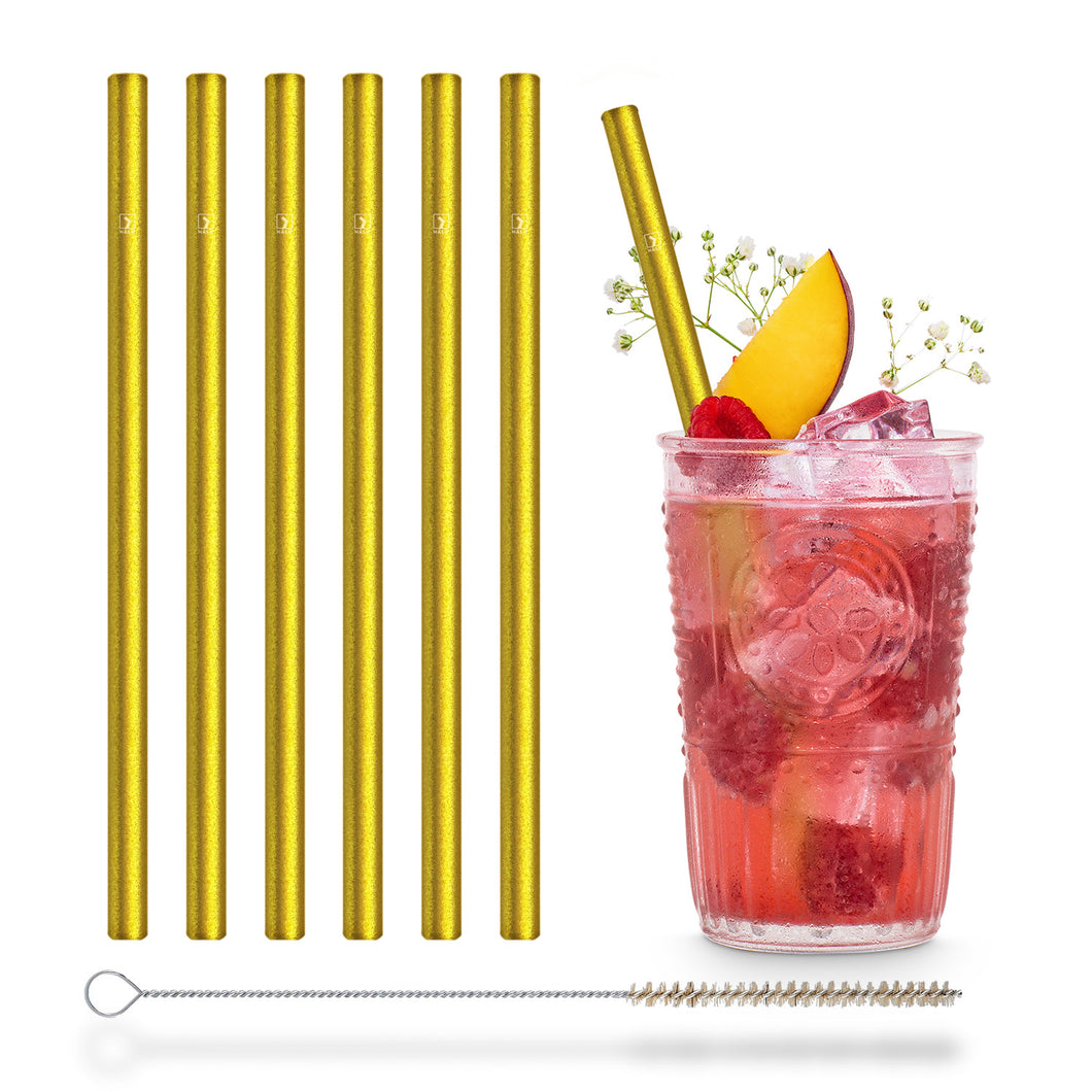 Gold Glass Straws 8 inch with plastic free brush - Set of 6 reusable