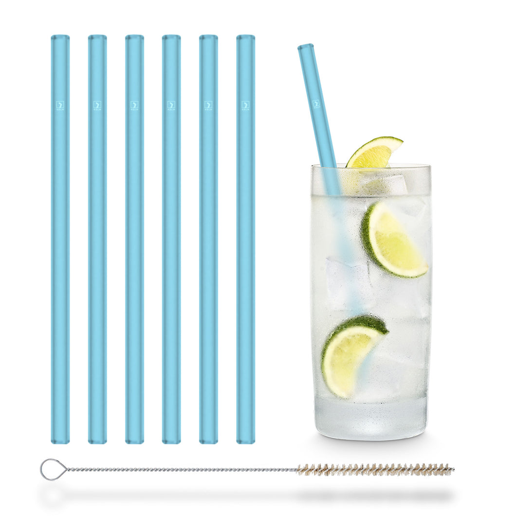 Blue Glass Straws 8 inch with plastic free brush - Set of 6 reusable