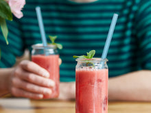 Load image into Gallery viewer, Blue Glass Straws 8 inch with plastic free brush - Set of 6 reusable