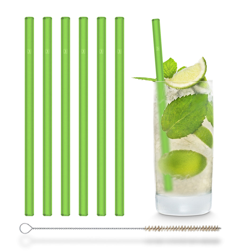 Green Glass Straws 8 inch with plastic free brush - Set of 6 reusable