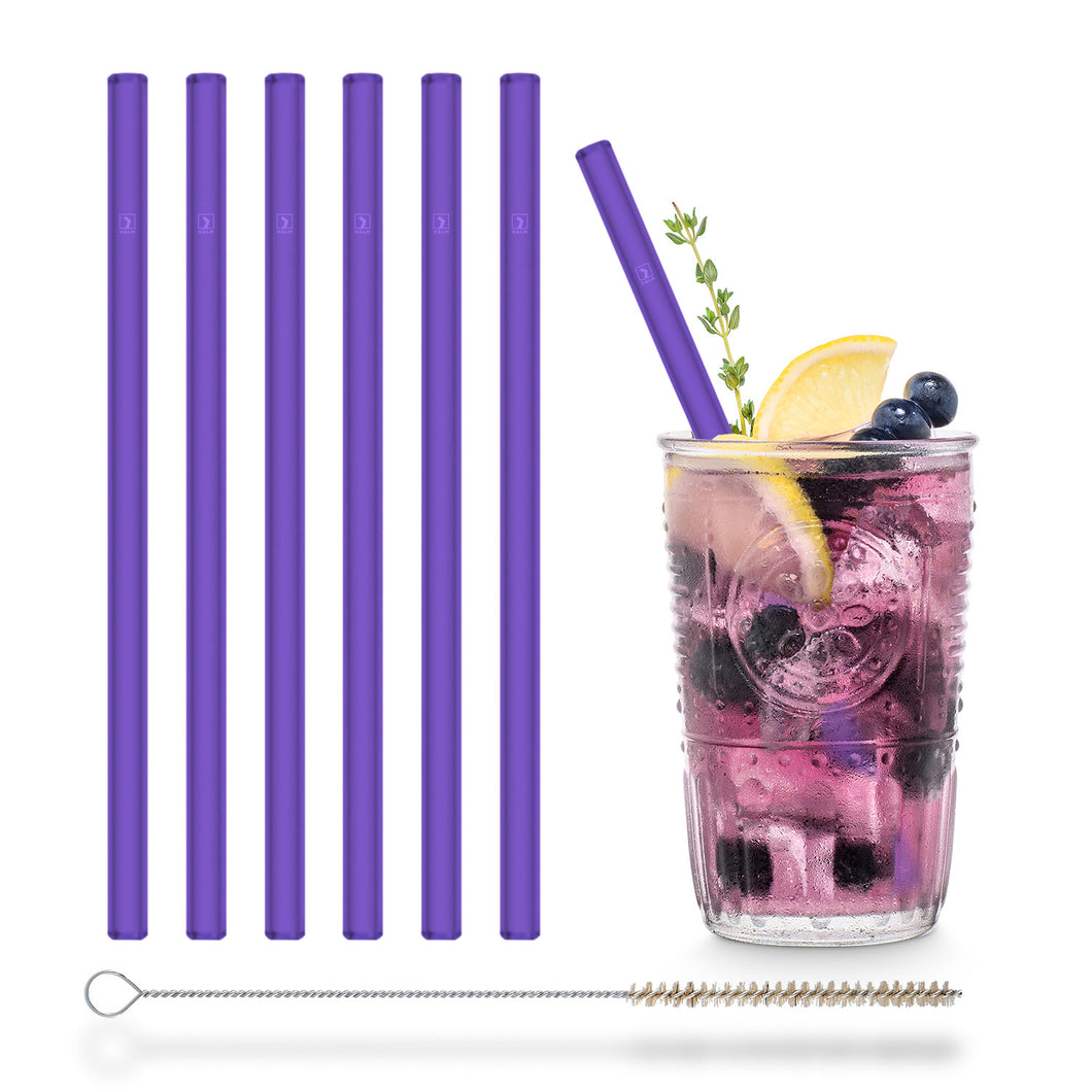 Purple Glass Straws 8 inch with plastic free brush - Set of 6 reusable