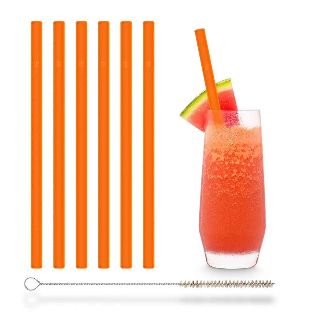 Orange Glass Straws 8 inch with plastic free brush - Set of 6 reusable