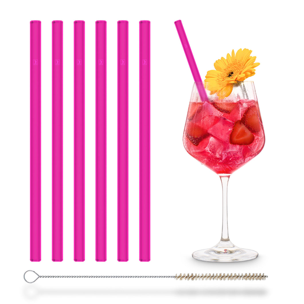 Pink Glass Straws 8 inch with plastic free brush - Set of 6 reusable