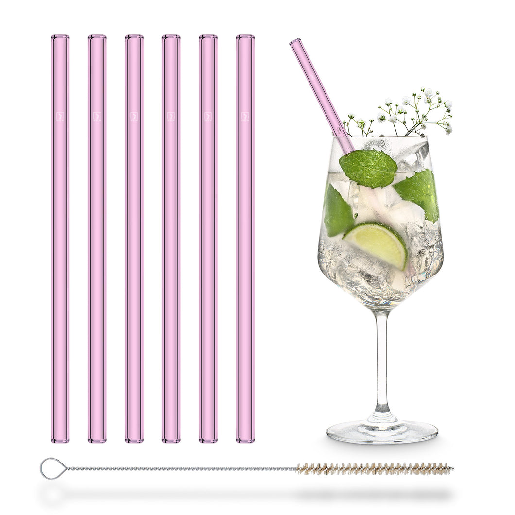 Pink Rose Glass Straws 8 inch with plastic free brush - Set of 6 reusable