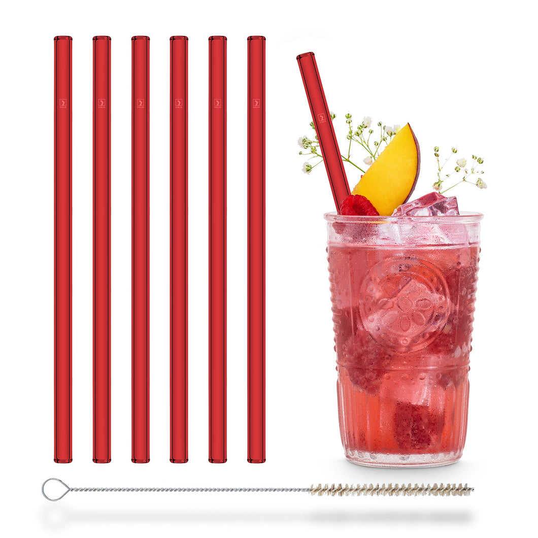 Red Glass Straws 8 inch with plastic free brush - Set of 6 reusable