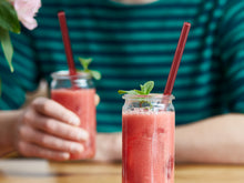 Load image into Gallery viewer, Red Glass Straws 8 inch with plastic free brush - Set of 6 reusable