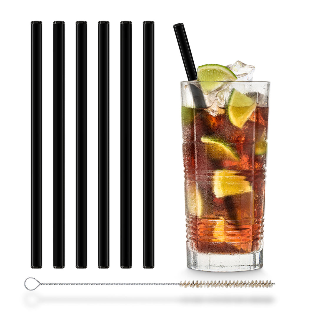 Black Glass Straws 8 inch with plastic free brush - Set of 6 reusable