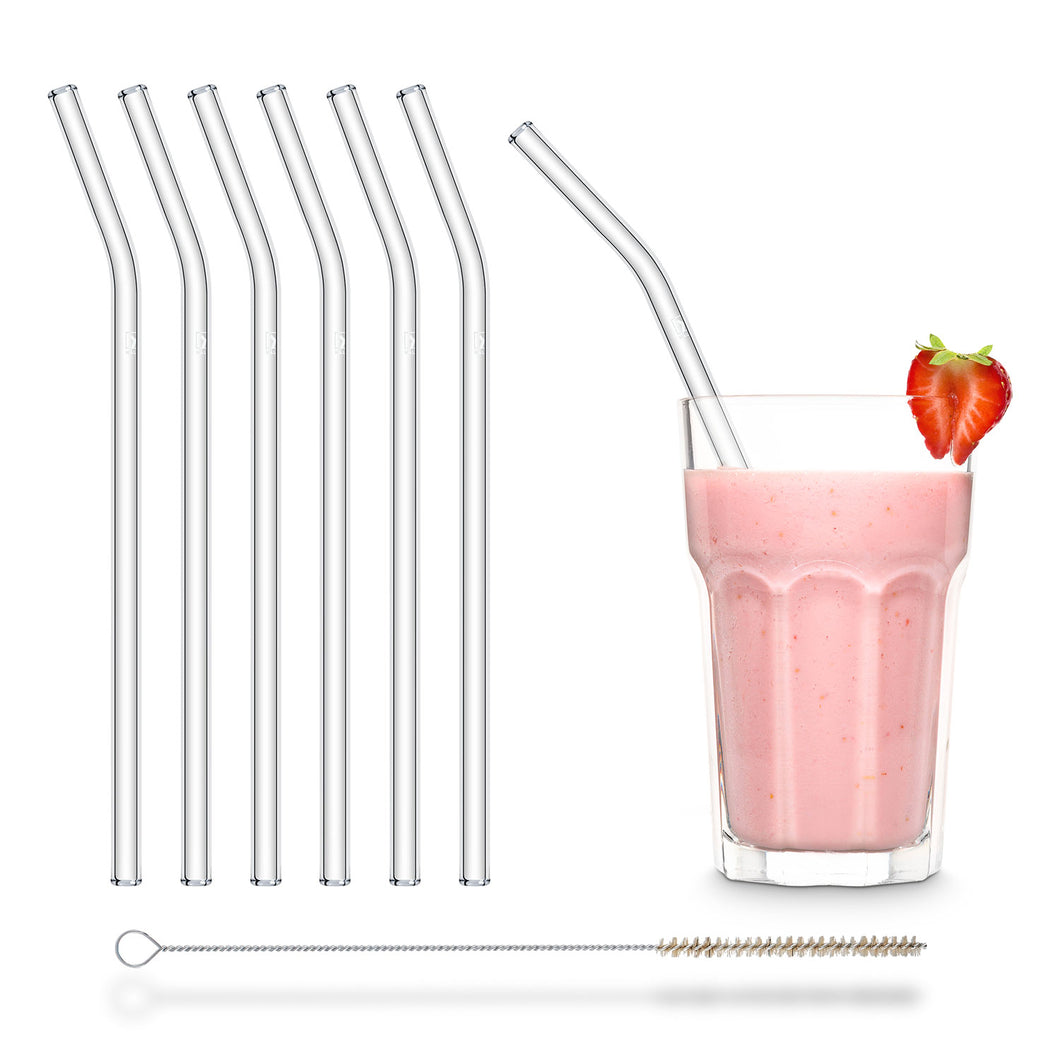 Reusable Glass Straws 9 inch bent with plastic free brush - Set of 6