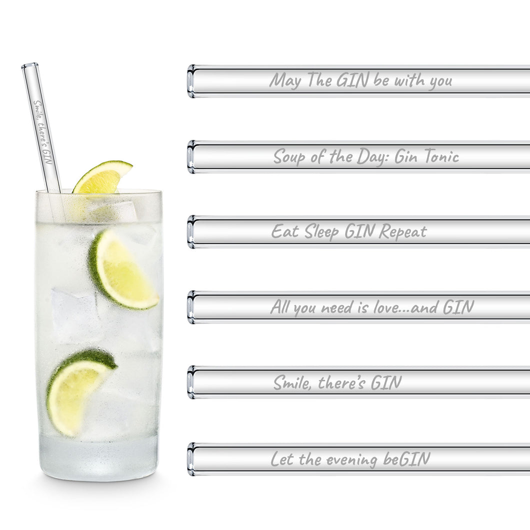 Gin Glass Straws 8 inch Engraved with Funny Gin Cocktail Quotes - Set of 6