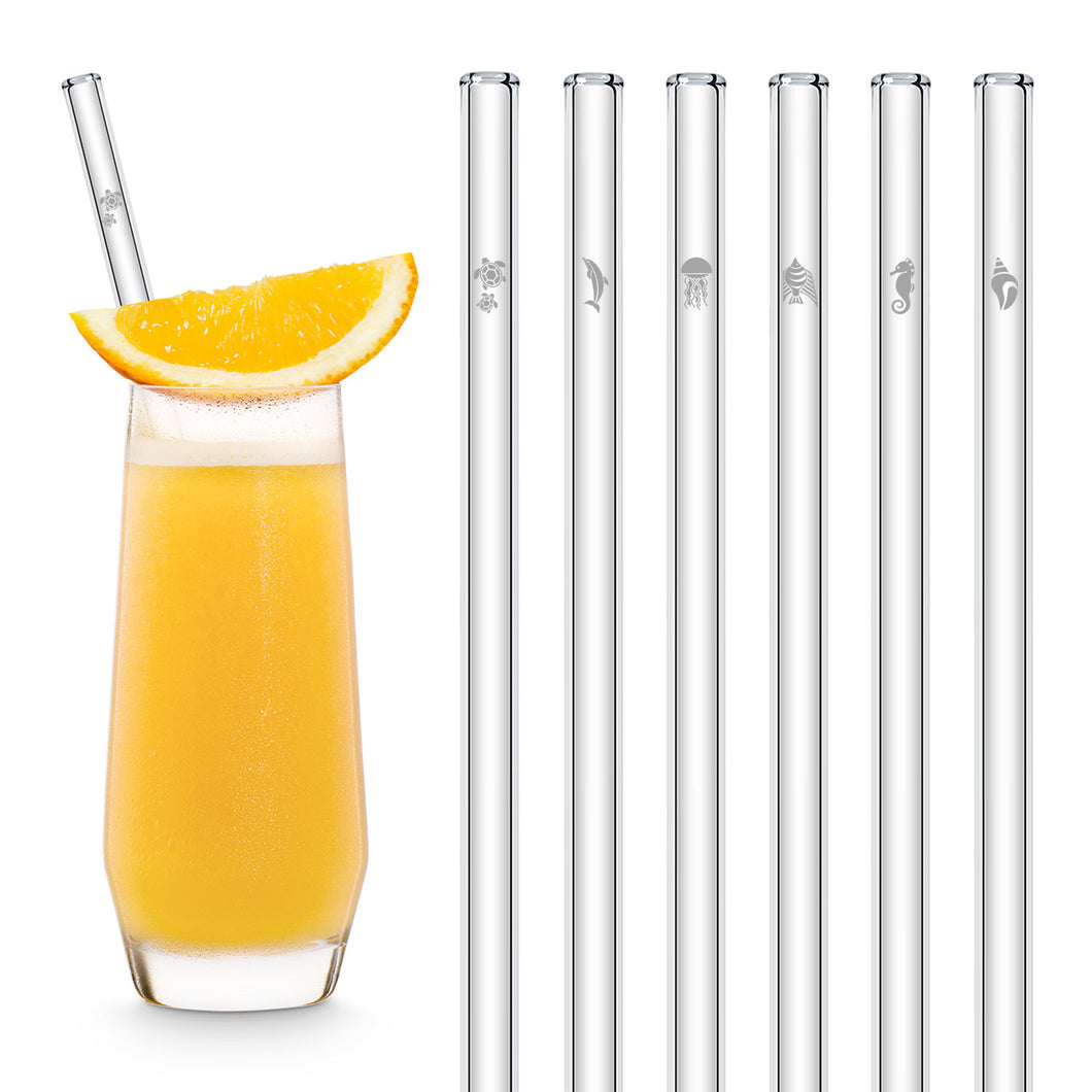 Sea Life Glass Straws 8 inch Engraved with Sea Animals - Set of 6