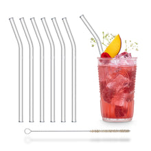 Load image into Gallery viewer, Reusable Glass Straws 8 inch bent with plastic free brush - Set of 6