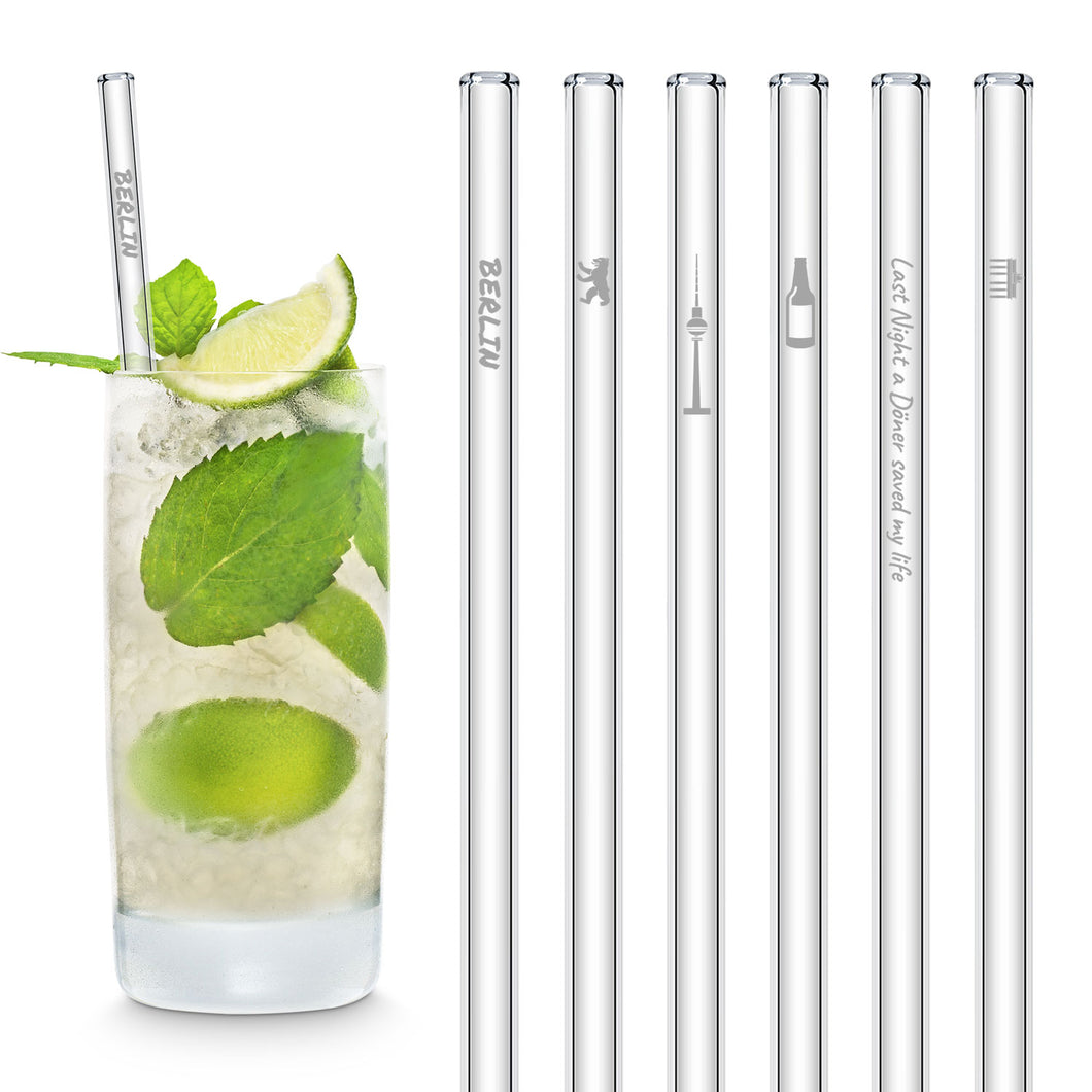 Berlin Glass Straws 8 inch Engraved with Berlin Germany attractions  - Set of 6