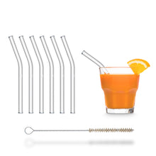 Load image into Gallery viewer, Reusable Glass Straws 6 inch bent with plastic free brush - Set of 6
