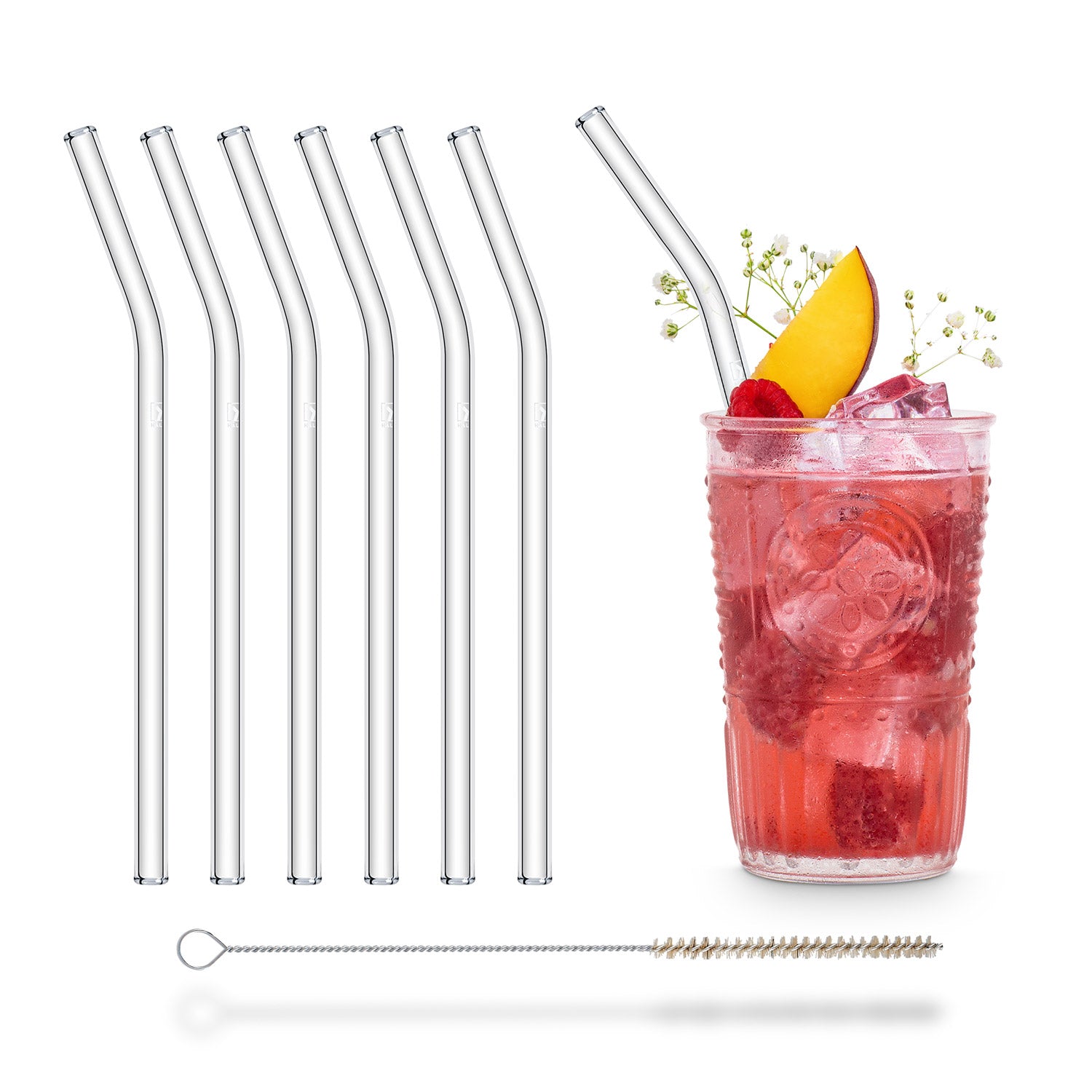 Halm Glass Straws - 6 Long 12 inch Bent Reusable Drinking Straws +  Plastic-Free Cleaning Brush - Perfect for Bottles - 30 cm Made in Germany 