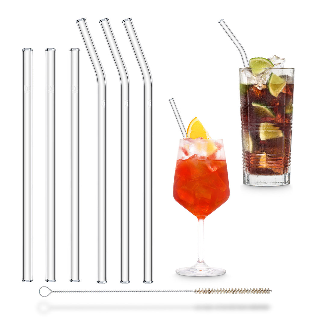 Reusable Glass Straws 9 inch bent + 8 inch straight mixed set with plastic free brush - Combo 6 Pack