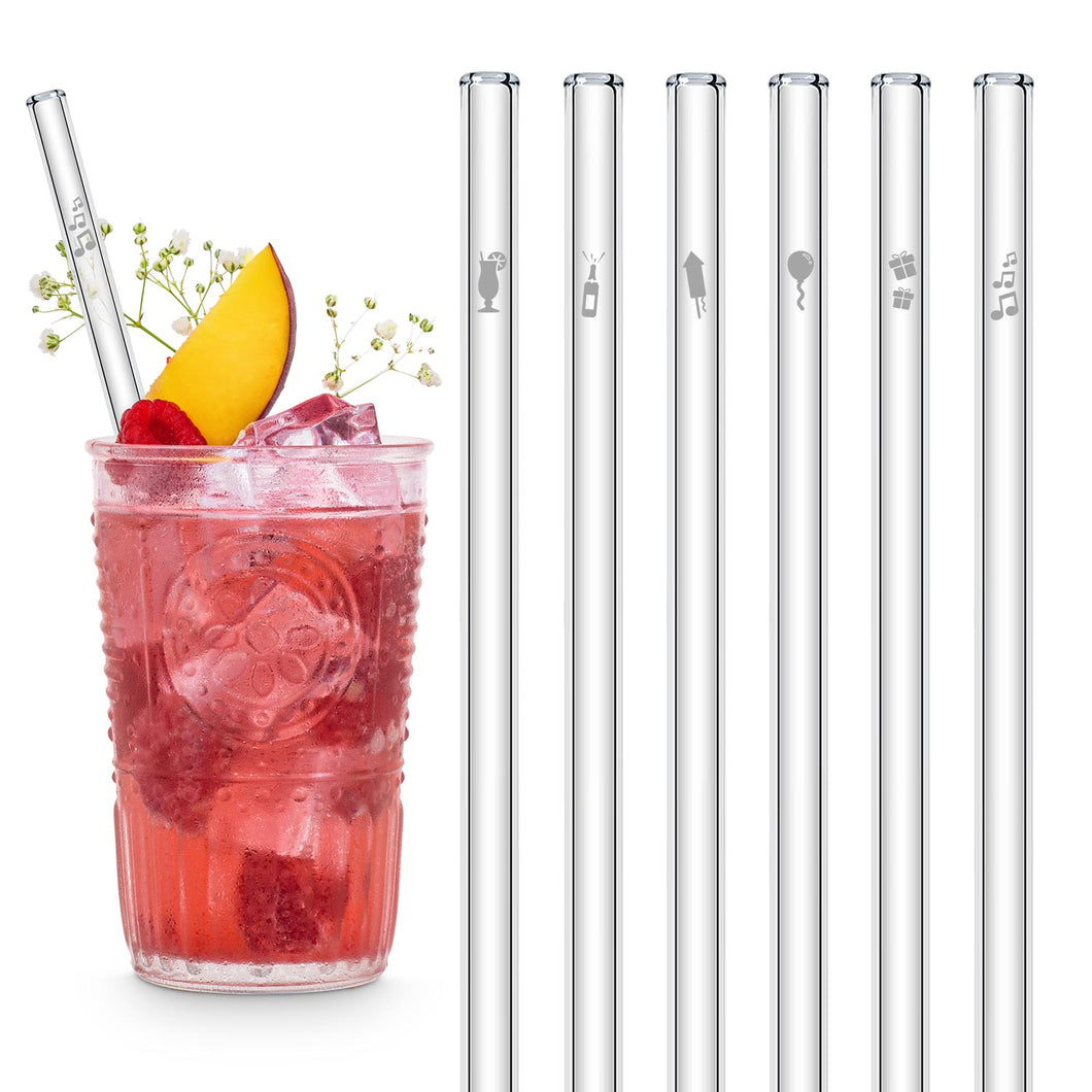 Party Glass Straws 8 inch Engraved with celebratory designs - Set of 6