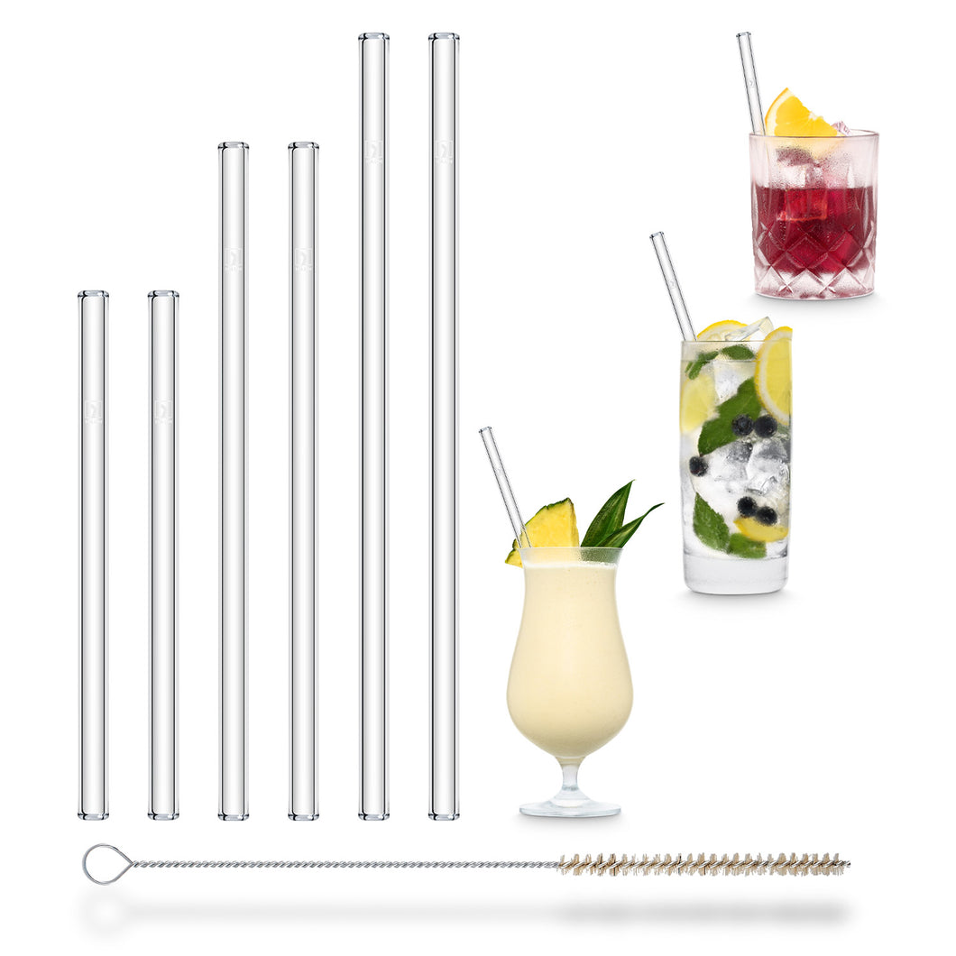 Halm Reusable Glass Straws 8 inch Bent with Plastic Free Brush - Set 6
