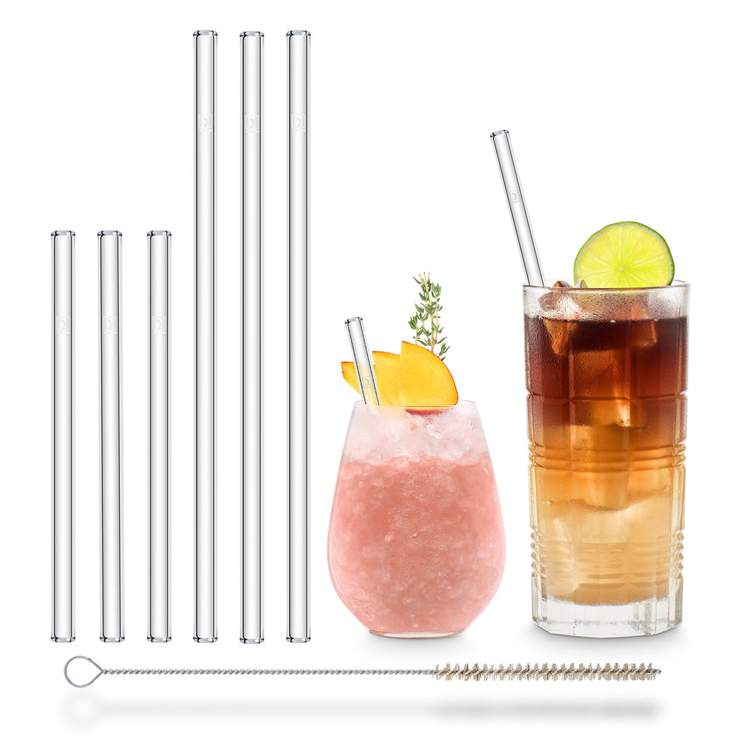 Reusable Glass Straws 9 inch + 6 inch mixed set with plastic free brush - Combo 6 Pack