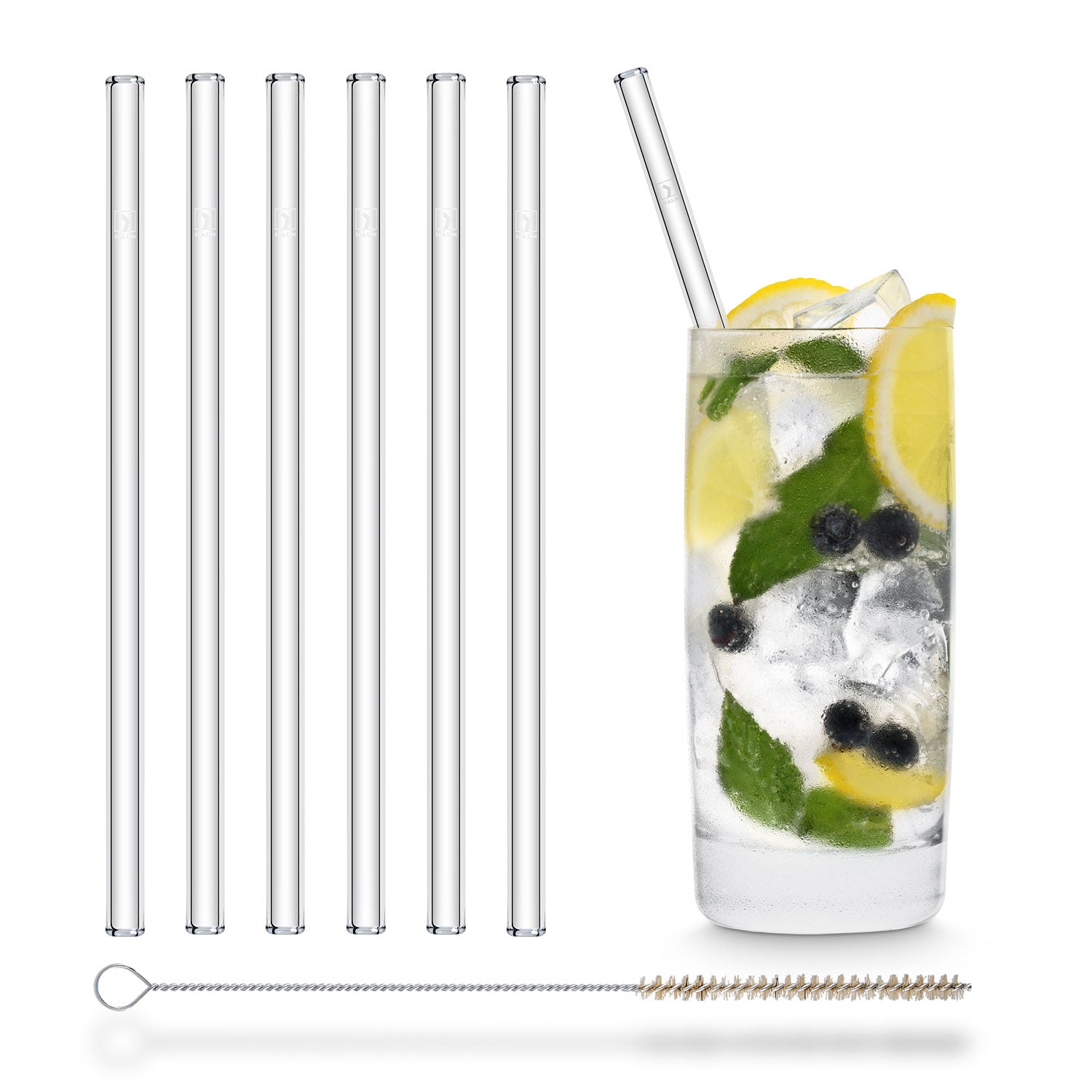 h?lm Halm Glass Straws - 6 Reusable Drinking Straws + Plastic-Free Cleaning Brush - Made in Germany - Dishwasher Safe - 20 cm (8 in)