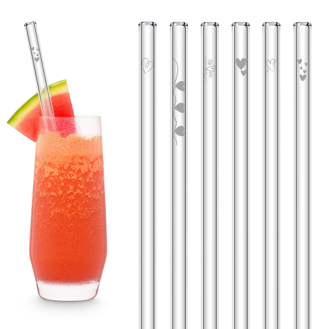 Heart Symbol Glass Straws 8 inch Engraved with Love Hearts - Set of 6