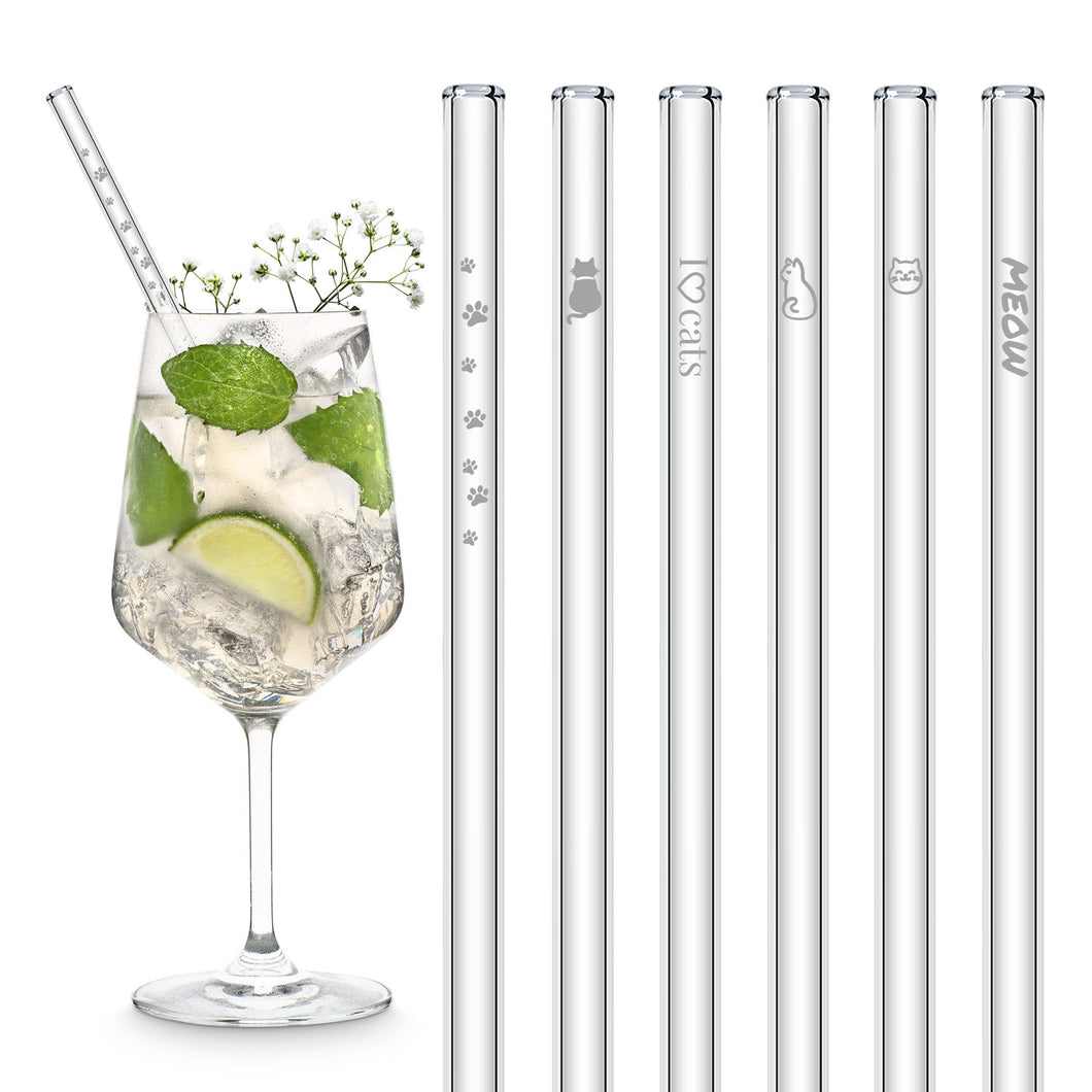Cat Symbol Glass Straws 8 inch engraved with cute kitty designs - Set of 6