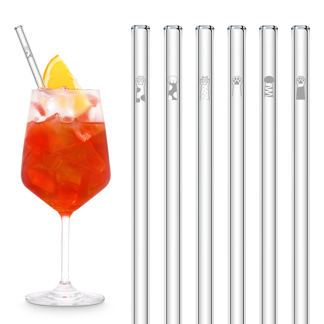 Cat Paw Glass Straws 8 inch engraved with paw print designs - Set of 6