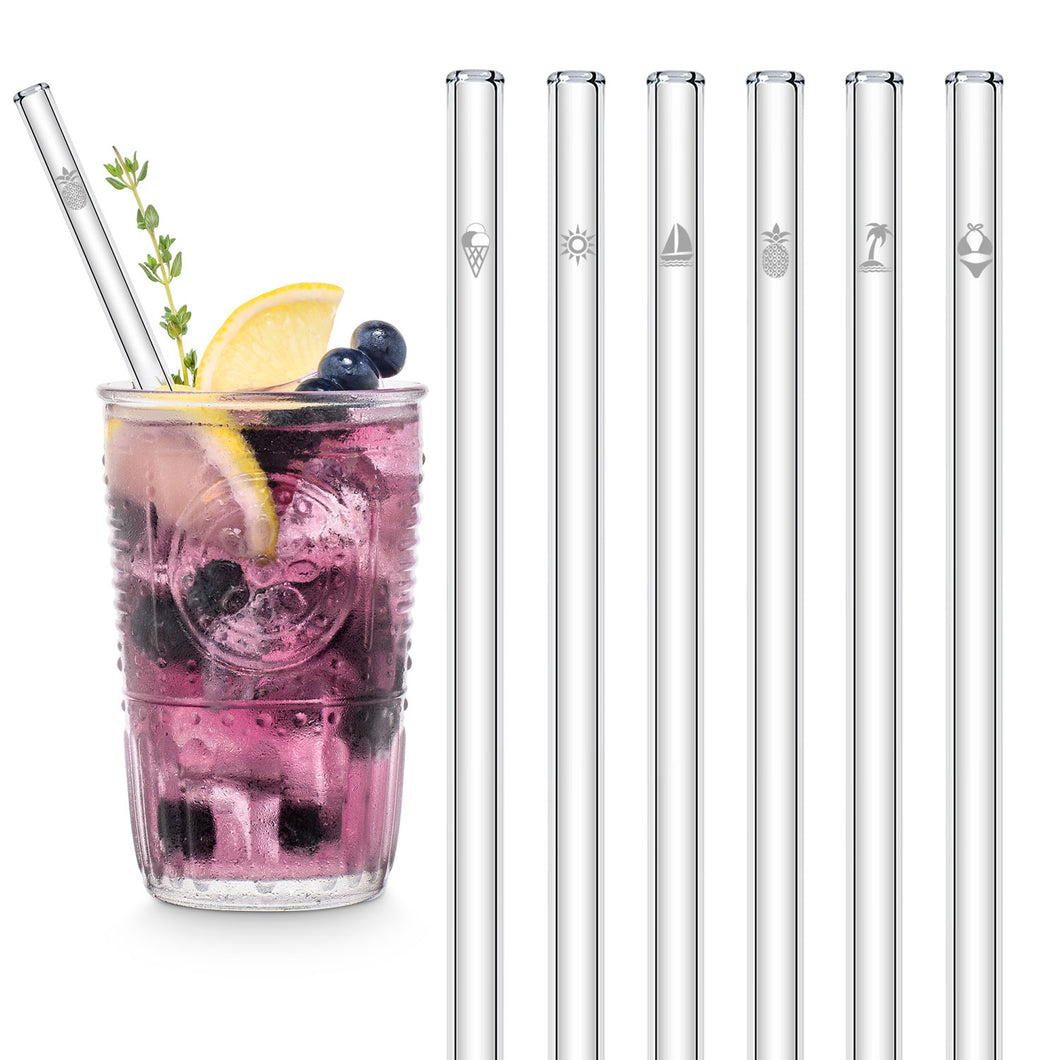 Summer Glass Straws 8 inch Engraved with beach designs - Set of 6